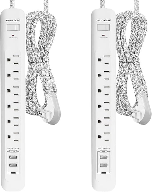 2 Pack Power Strip Surge Protector - 6 Outlets 3 USB Charging Ports (1 USB C), 10Ft Extension Cord, Flat Plug, Overload Protection, Wall Mount for Office Home, Dorm Room White