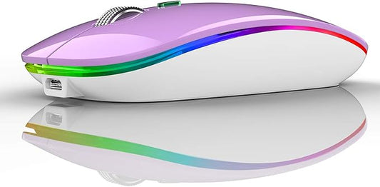 TENMOS Wireless Bluetooth Mouse, LED Slim (Bluetooth 5.1 + USB) 2.4GHz Rechargeable Silent Bluetooth Wireless Mouse with Type C Adapter for Laptop/MacBook/iPad OS 13 and Above (Purple)