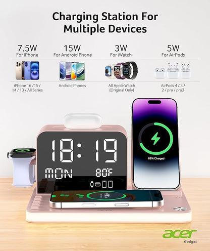 Acer 7-in-1 Wireless Charging Station with LED Clock - 30W Fast Wireless Charger for iPhone 16/15/14/13/12/Pro Max, Apple Watch, AirPods - Bluetooth Auto Time Sync & Night Lights (Pink)
