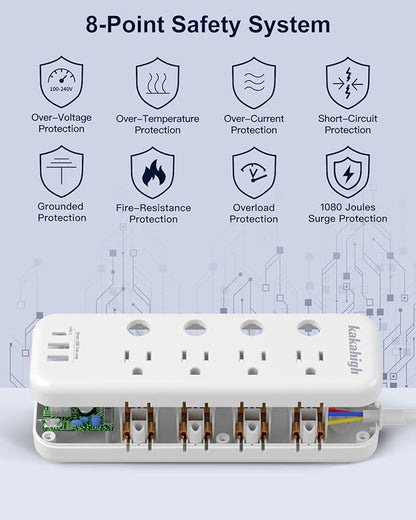 15FT Heavy Duty Extension Cord with Individual Switches on Off, 1875W Appliance Extension Cord with USB Ports, 8 outlets, High Wattage for Microwave, Aquarium, Kitchen, Garage Must Have