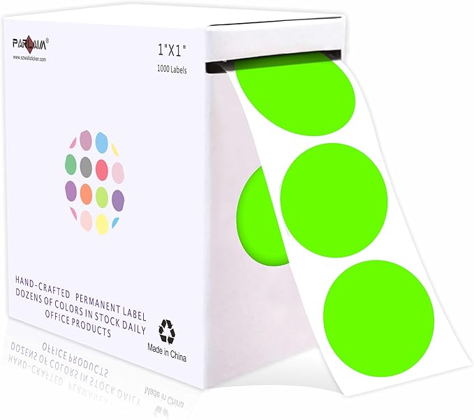 PARLAIM 1 Inch Round Permanent Adhesive Color-Code Dot Stickers,1000 per Roll dots Label Dispenser Box,Fluorescent Green Circle Stickers Label for Office