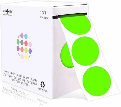 PARLAIM 1 Inch Round Permanent Adhesive Color-Code Dot Stickers,1000 per Roll dots Label Dispenser Box,Fluorescent Green Circle Stickers Label for Office