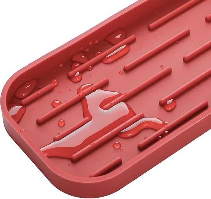 Silicone Kitchen Sink Organizer Tray for Multiple Usage,Eco-Friendly Sponges Holder for Kitchen Bathroom Counter or Sink,Dish Soap Dispenser,Scrubber,Bottle,Cup (Red, 12"×4")