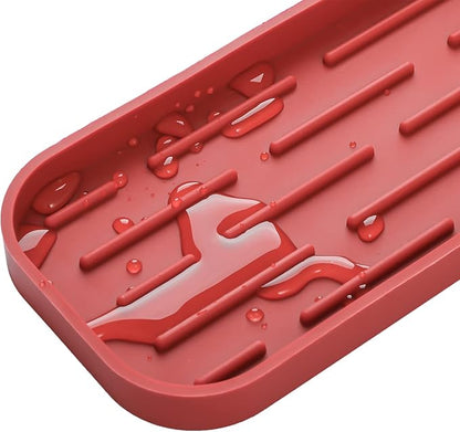 Silicone Kitchen Sink Organizer Tray for Multiple Usage,Eco-Friendly Sponges Holder for Kitchen Bathroom Counter or Sink,Dish Soap Dispenser,Scrubber,Bottle,Cup (Red, 12"×4")