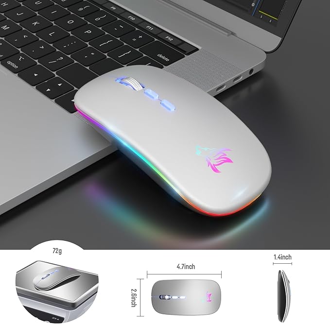HOTLIFE LED Wireless Mouse, Slim Rechargeable Silent Bluetooth Mouse, Portable USB Optical 2.4G Wireless Bluetooth Two Mode Computer Mice with USB Receiver and Type C Adapter(Silver)