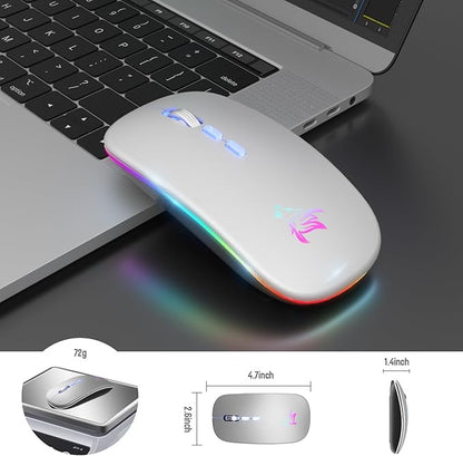 HOTLIFE LED Wireless Mouse, Slim Rechargeable Silent Bluetooth Mouse, Portable USB Optical 2.4G Wireless Bluetooth Two Mode Computer Mice with USB Receiver and Type C Adapter(Silver)