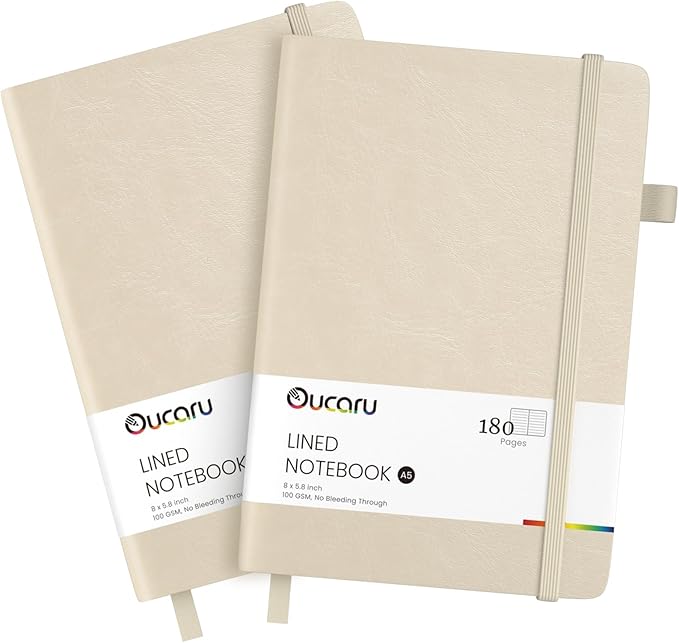 Oucaru Lined Journal Notebook, 2 Pack, 180 Pages, A5 Journals for Writing, 100 GSM Thick Paper, Small Notebooks Daily Journal for Women Men Work, Business, School, Travel Supplies