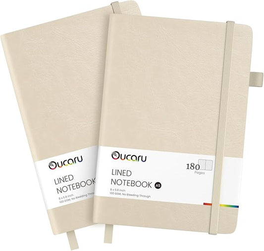 Oucaru Lined Journal Notebook, 2 Pack, 180 Pages, A5 Journals for Writing, 100 GSM Thick Paper, Small Notebooks Daily Journal for Women Men Work, Business, School, Travel Supplies
