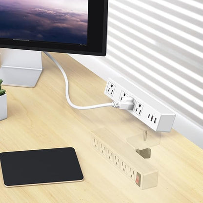 Dual Layer Desk Clamp Power Strip, 20W Desktop Edge Mount Charging Station with 10 Outlets 3 USB Ports, Under Desk Surge Protector, 6.5 Ft Extension Cord for Office Home