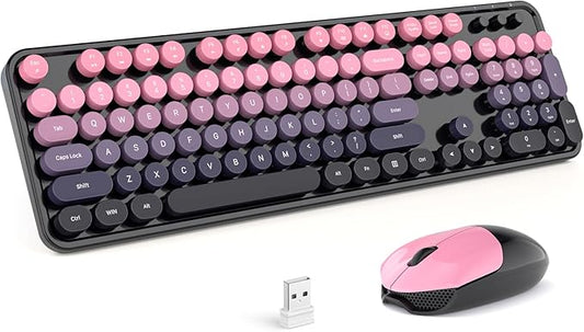 MOFII Wireless Keyboard and Mouse Combo, Full Size 2.4G Plug and Play Typewriter Retro Round Computer Keyboard and Mouse Set for Windows, Computer, Desktop, PC, Notebook - (Plum Pink Gradient)