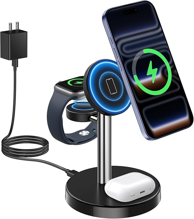 2026 3 in 1 Wireless Charging Station Compatible with MagSafe, 15W Fast Magnetic Mag-Safe Charger Stand for Apple iPhone 17 16 15 14 13 12 Series iWatch AirPods Pro 4 3 2, SilverBlack
