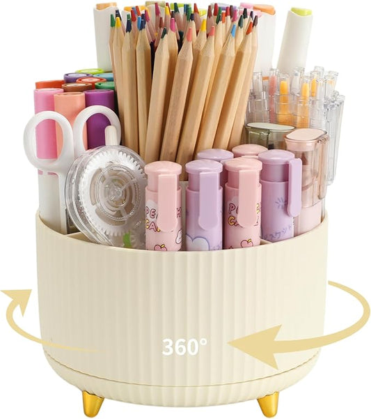 Camelmother Pen Holder For Desk With 5 Slots 360°Rotating Pencil Holder Makeup Organiezr Teacher Supplies Office decor (beige)