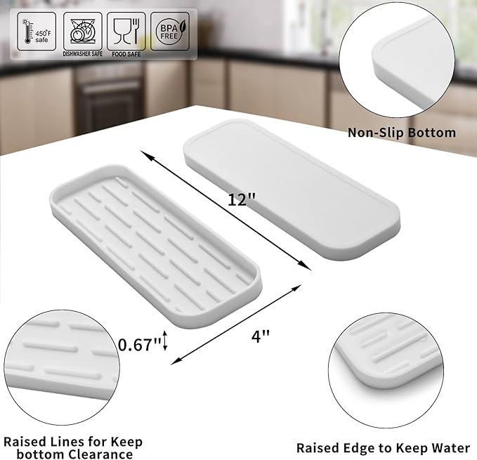 Silicone Kitchen Sink Organizer Tray for Multiple Usage,Eco-Friendly Sponges Holder for Kitchen Bathroom Counter or Sink,Dish Soap Dispenser,Scrubber,Bottle,Cup (White, 12"×4")