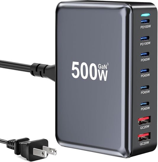 500W USB C Fast Charger Block, 8 Port USB Charging Station, GaN Ⅲ Pro Double 100W PD PPS Port Fast Charging Station for Multiple Devices,Laptop Wall Charger Compatible with MacBook, iPhone 17,iPad etc