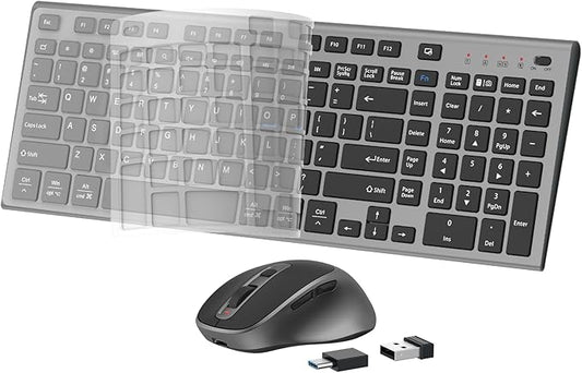 FENIFOX Wireless Keyboard and Mouse, Rechargeable USB C Combo Silent Quiet Compact Full Size Flat with Number Pad Soft Cover for Mac MacBook iMac Windows PC Laptop Computer Office - Black & Grey