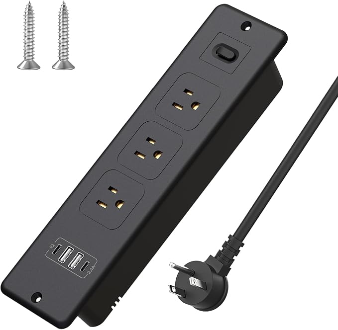 7 in 1 Recessed Power Strip Flat Plug Desk Outlet,3AC Outlets & 4 USB Ports,10FT Bold Extension Cord, Conference Recessed Fuse Surge Protected Power Strip for Home Office (Black-1)