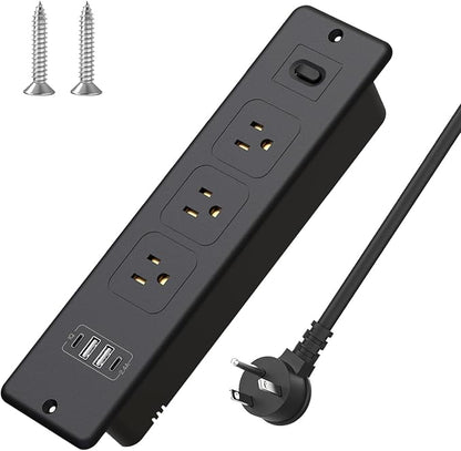 7 in 1 Recessed Power Strip Flat Plug Desk Outlet,3AC Outlets & 4 USB Ports,10FT Bold Extension Cord, Conference Recessed Fuse Surge Protected Power Strip for Home Office (Black-1)
