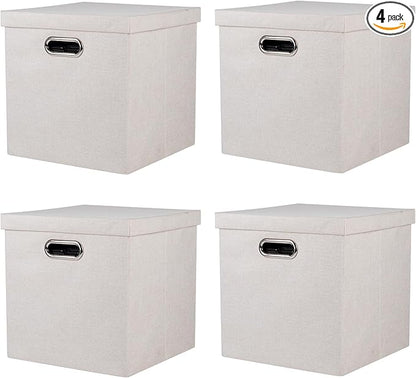 Storage Bins with Lids, Collapsible Linen Fabric Boxes Organizer Containers with Lid Foldable Storage Box Basket for Closet, Shelves, Home, Office, 12 x 12 x 12.4 Inch, 4 Pack, Beige