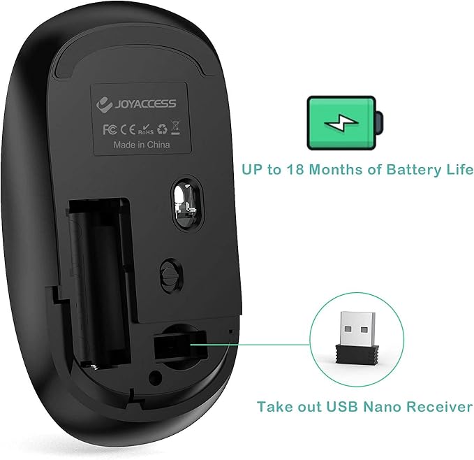 JOYACCESS Wireless Mouse, 2.4G Portable Slim Silent Computer Mouse Wireless with USB Nano Receiver, 2400 DPI, for Notebook, Laptop, PC - Black