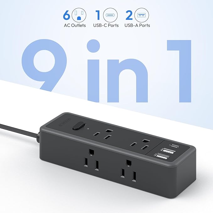 NTONPOWER Extension Cord 5 ft, Flat Plug Power Strip Surge Protector 1080 Joules with 6 Widely Outlets 3 USB (1 USB C), Flat Extension Cord for Home Office Dorm Room Essentials