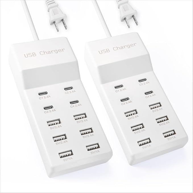 USB Charging Station Block with 10-Port (6 USB-A Port & 4 USB-C Port),USB Power Strip for Smart Phone Tablet Laptop Computer（2 Pcs）