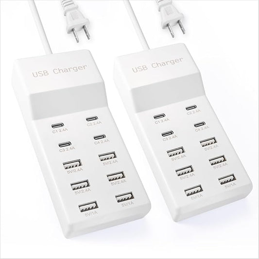USB Charging Station Block with 10-Port (6 USB-A Port & 4 USB-C Port),USB Power Strip for Smart Phone Tablet Laptop Computer（2 Pcs）