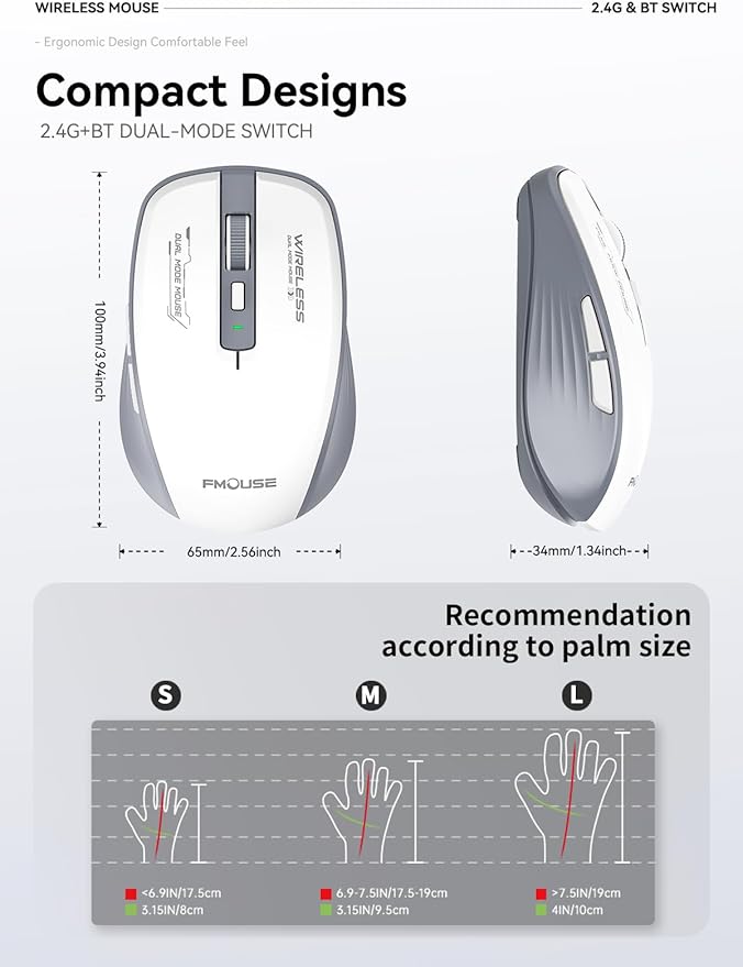 Bluetooth Mouse, Bluetooth 5.1 + 2.4GHz USB + USB-C Dongle, Wireless Mouse Tri-Mode, with Forward/Backward Side Keys, Silent Click, Side Buttons, Portable for Laptop, Mac, iPad (Gray White)
