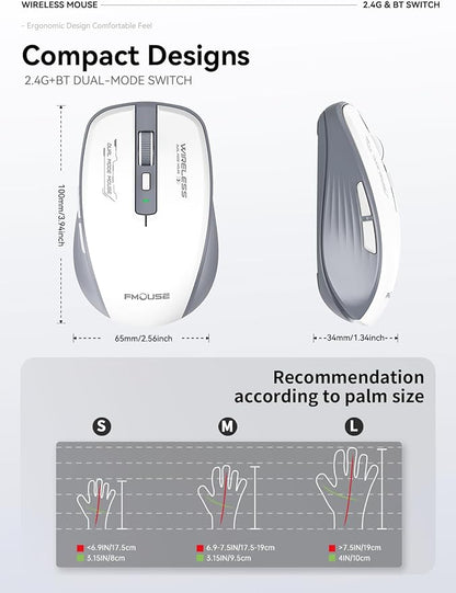 Bluetooth Mouse, Bluetooth 5.1 + 2.4GHz USB + USB-C Dongle, Wireless Mouse Tri-Mode, with Forward/Backward Side Keys, Silent Click, Side Buttons, Portable for Laptop, Mac, iPad (Gray White)