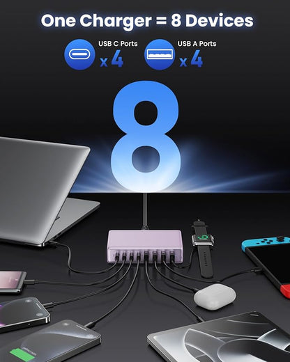 200W USB C Charger Block,GaN IV Charging Station 8 Ports,QC4.0 Fast Charging Station Hub+PD 65W USB C Laptop Charger Adapter Compatible with MacBook Air/Pro,DELL,iPhone 17/16/15,iPad,Steam Deck-Purple