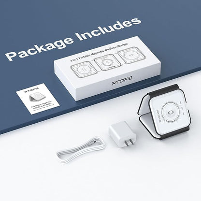 Wireless Charger 3 in 1,RTOPS Magnetic Travel Wireless Charging Station Multiple Devices,GaN 3 in 1 Charging Station,Compatible for iPhone16/15/14/13/Pro/Max,iWatch,AirPods4/3/2/Pro(Adapter Includes)