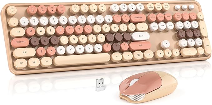 Wireless Keyboard and Mouse Combo, MOWUX Colorful Computer Full Size 2.4G Plug and Play Wireless Typewriter Keyboard and Mouse Set for Windows, Computer, Desktop, PC, Notebook (Milk Tea Colorful)