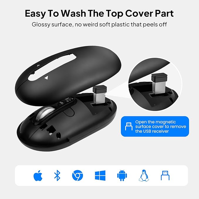 Multi-Device Bluetooth Mouse (BT1/BT2 + 2.4G), Small Slim Travel Mouse, 4-Way Metal Scroll Wheel, Silent Click, 4-Levels Adjustable DPI, for Laptop Tablet iPadOS Mac (Black)