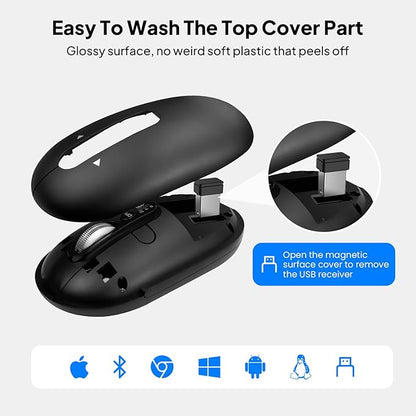 Multi-Device Bluetooth Mouse (BT1/BT2 + 2.4G), Small Slim Travel Mouse, 4-Way Metal Scroll Wheel, Silent Click, 4-Levels Adjustable DPI, for Laptop Tablet iPadOS Mac (Black)