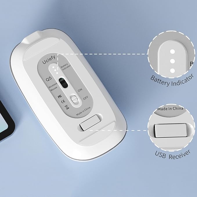Q5 Slim Rechargeable Wireless Mouse, 2.4G Portable Optical Silent Ultra Thin Wireless Computer Mouse with USB Receiver and Type C Adapter, Compatible with PC, Laptop, Notebook, Desktop (Silver)
