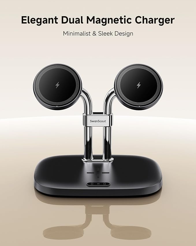 SwanScout Wireless Charger for iPhone Air/17, SwanScout 706M, Dual Magnetic Charger for iPhone 16/15/14/13/12 Series, Charging Station for AirPods Pro 3/2, AirPods 4/3rd (Black)