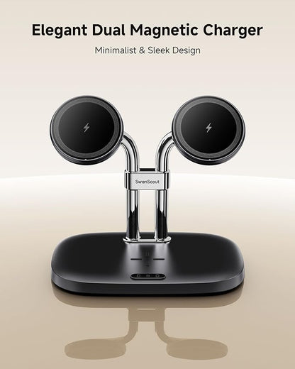 SwanScout Wireless Charger for iPhone Air/17, SwanScout 706M, Dual Magnetic Charger for iPhone 16/15/14/13/12 Series, Charging Station for AirPods Pro 3/2, AirPods 4/3rd (Black)