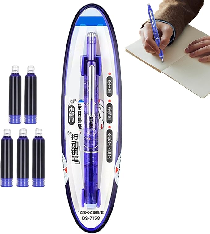 0.38mm Retractable Fountain Pen - Smooth Writing, Leak Proof Design, Comes with 5 Refillable Ink Cartridges | Writing Tool for Notebook Art Sketching School Office Journaling Creative Use