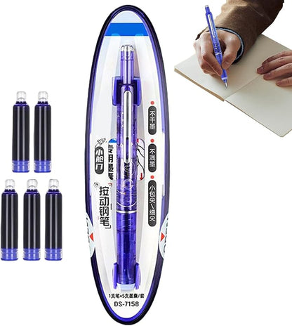 0.38mm Retractable Fountain Pen - Smooth Writing, Leak Proof Design, Comes with 5 Refillable Ink Cartridges | Writing Tool for Notebook Art Sketching School Office Journaling Creative Use