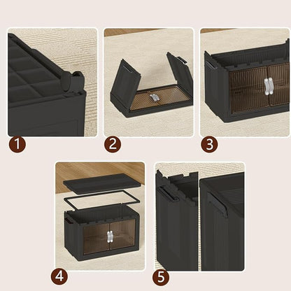 Stackable Storage Bins, Plastic Collapsible Storage Bins with Lid and Wheels, Folding Closet Organizer Clear Doors, Foldable Cabinet Storage Boxes for Home, Pantry, Office (M, Gray 2-Tier)