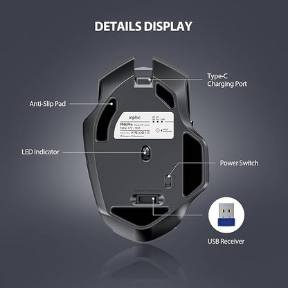 INPHIC Bluetooth Mouse Wireless, Tri-Mode, Upgraded Visible Battery, 2400 DPI, Silent Ergonomic Computer Mice, Mac, PC etc.-Gray