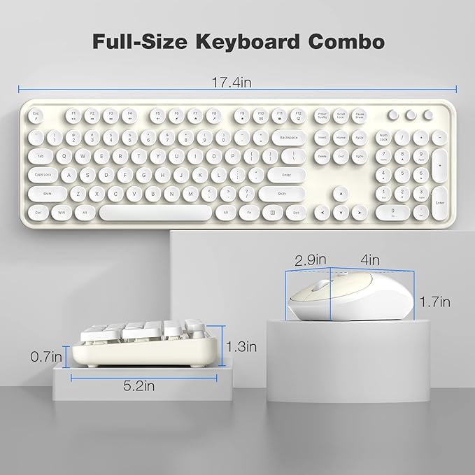 MOFII Wireless Keyboard and Mouse Combo, Computer Full Size 2.4G Plug and Play Wireless Typewriter Retro Round Keyboard and Mouse Set for Windows, Computer, Desktop, PC, Notebook - (Off White)