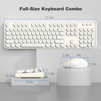 MOFII Wireless Keyboard and Mouse Combo, Computer Full Size 2.4G Plug and Play Wireless Typewriter Retro Round Keyboard and Mouse Set for Windows, Computer, Desktop, PC, Notebook - (Off White)