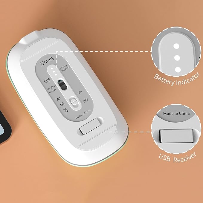 Uciefy Q5 Slim Rechargeable Wireless Mouse, 2.4G Portable Optical Silent Ultra Thin Wireless Computer Mouse with USB Receiver and Type C Adapter, Compatible with PC, Laptop, Desktop (Mint Green)