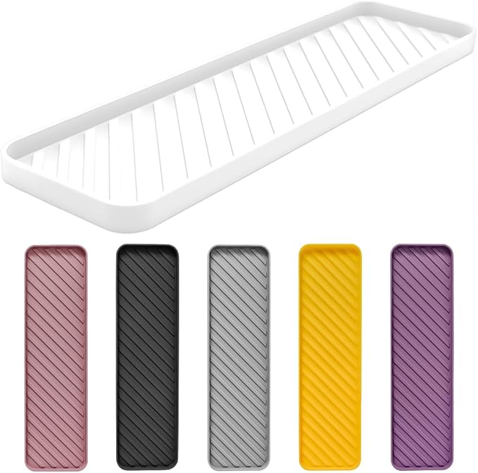 Silicone Organizer Tray for Kitchen Sinks and Bathrooms. Dishwasher-Safe, Non-Slip Countertop Tray, Bathroom Drawer Organizer Trays. Perfect for Makeup & Trinkets (White L 1PC)