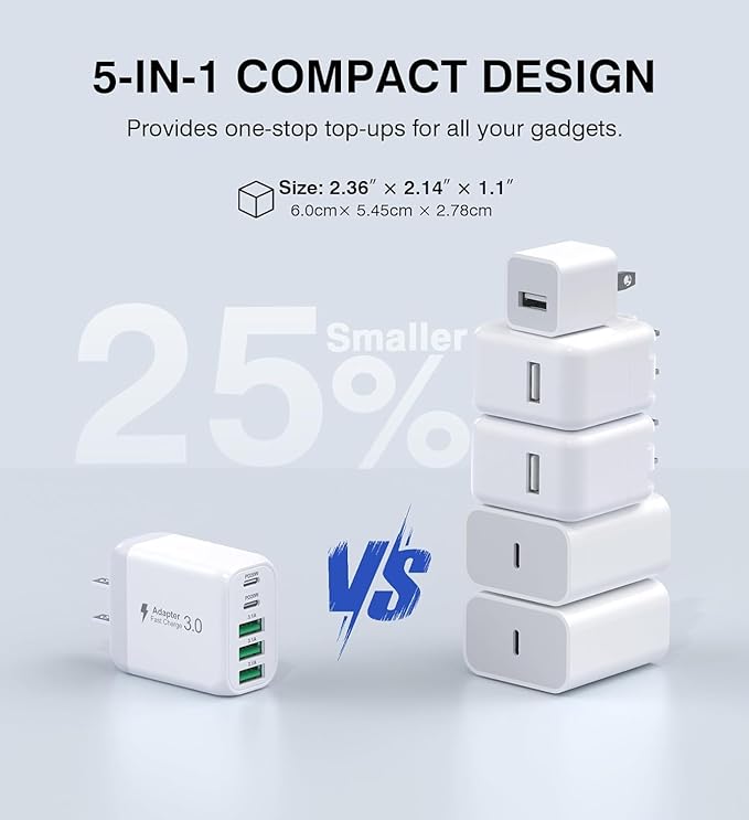 60W USB C Wall Charger Block, 2Pack 5-Port C Charger Fast Charging Block PD Power Adapter+QC 3.0 Multiport Type C Box Brick Cube USB A Wall Plug for iPhone 15/16/17 Pro Max Plus, iPad,Galaxy S24/S23