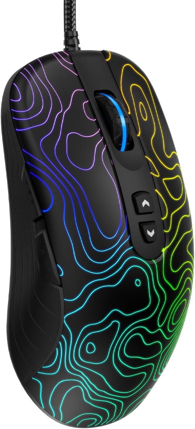 Womier G706 USB Wired Gaming Mouse for PC Computer Windows Mac Laptop, Lightweight Silent RGB Backlit Mouse with Adjustable 12000DPI/7 Programmable Side Buttons,Kanagawa Theme (Black Topographic)