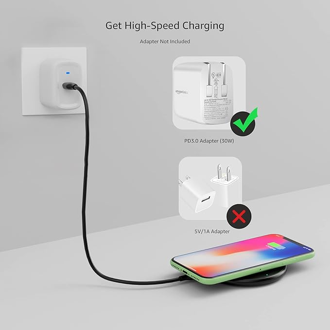 Amazon Basics 15W Qi Certified Wireless Charging Pad for iPhone 16/15/14/13/12/11/X, Samsung and More, with USB Cable, Black