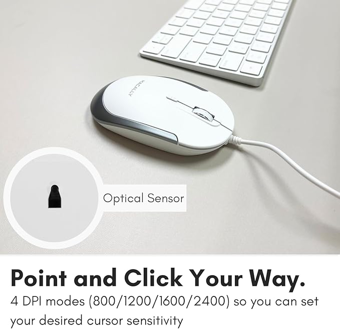 Macally Silent Wired Mouse - Slim & Compact USB Mouse for Apple Mac or Windows PC Laptop/Desktop - Designed with Optical Sensor & DPI Switch - Simple & Comfortable Wired Computer Mouse (White)