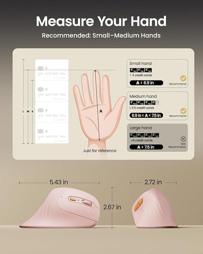 ProtoArc Ergonomic Vertical Mouse, EM11 NL Rechargeable Wireless Mouse Bluetooth, Ergo Mice with 3 Multi-Device for PC/Notebook/Laptop, 2.4GHz Optical Mice for Windows, Mac OS, Pink