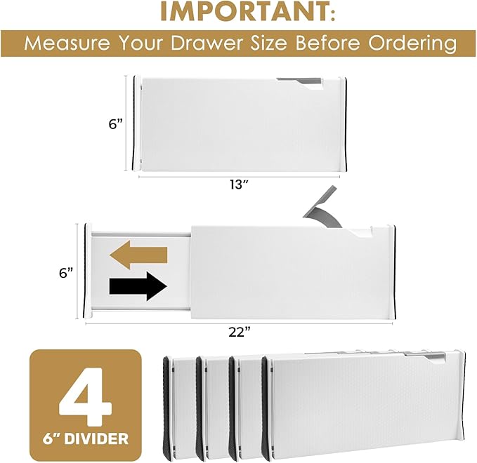 RAPTUROUS Adjustable Deep Drawer Divider – 6" Tall, Expandable 13-22", 4-Pack, Non-Slip Drawer Dividers for Clothes, Dresser, Kitchen & Office Organization (White)